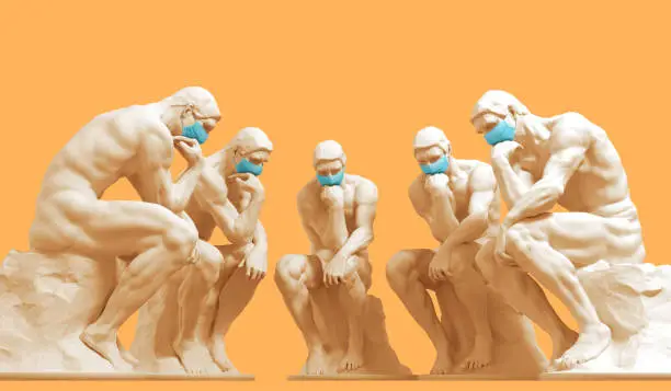 Five thinkers in medical masks ponder a solution to a problem. 3D Illustration.