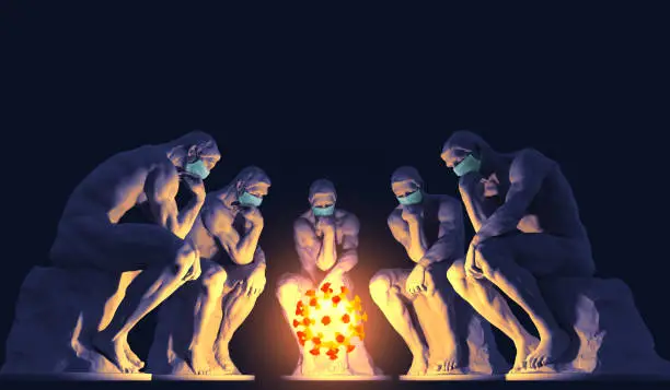 Five thinkers wearing medical masks sit in front of the coronavirus symbol and ponder a solution to the problem. 3D Illustration.