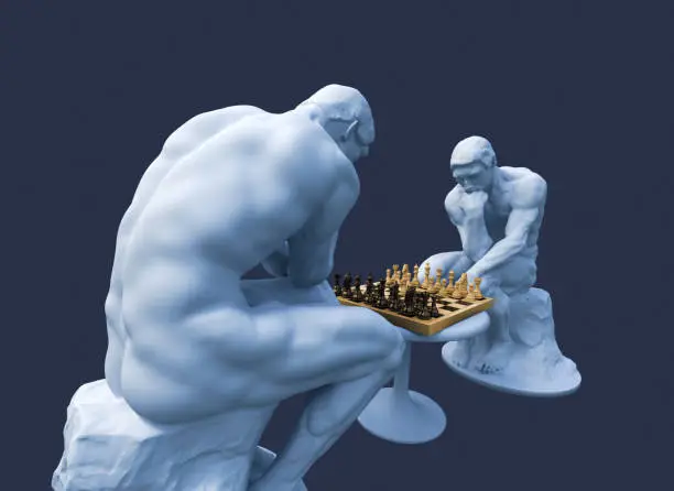 Two Thinkers Pondering The Chess Game On Blue Background. 3D Illustration.