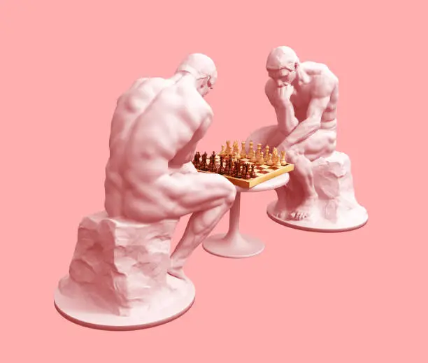 Two Thinkers Pondering The Chess Game On Pink Background. 3D Illustration.