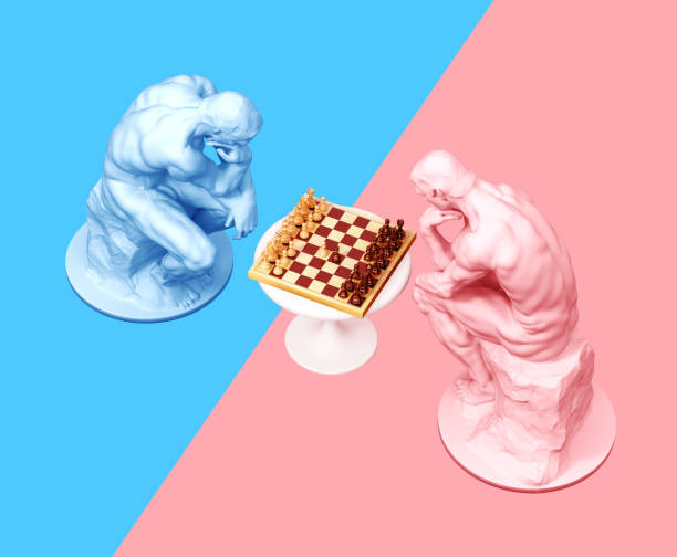 istock Two Thinkers Pondering The Chess Game On Blue And Pink Backgrounds 1271759894