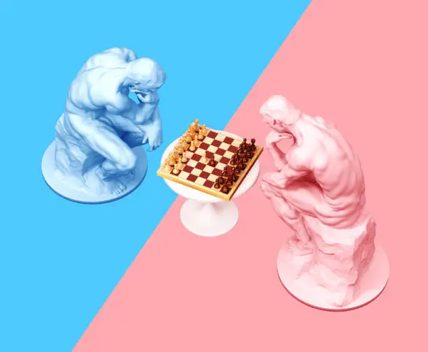 Two Thinkers Pondering The Chess Game On Blue And Pink Backgrounds. 3D Illustration.