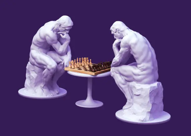 Two Thinkers Pondering The Chess Game On Purple Background. 3D Illustration.