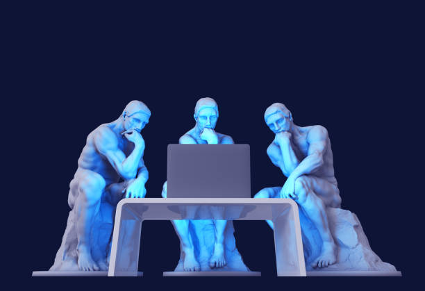 drei denker sitzen vor einem computerbildschirm - sculpture stock-fotos und bilder