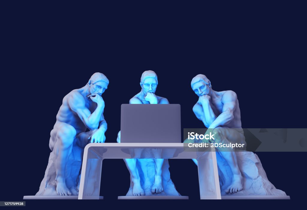 Three Thinkers Sitting In Front Of A Computer Screen Three Thinkers Sitting In Front Of A Computer Screen. 3D Illustration. Art Stock Photo