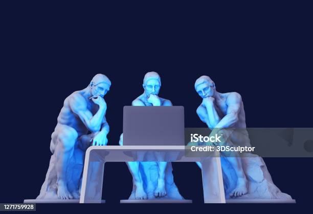 Three Thinkers Sitting In Front Of A Computer Screen Stock Photo - Download Image Now