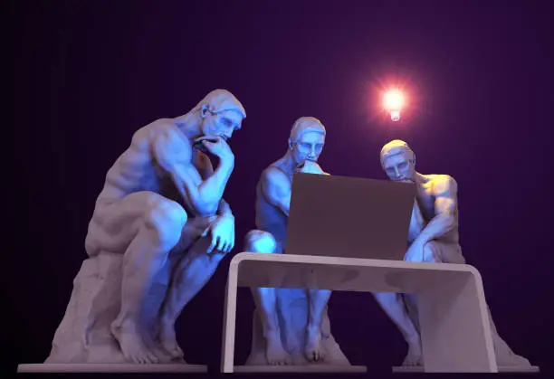 Three thinkers with a computer and one of them has a glowing light bulb above his head as a symbol of a new idea. 3D Illustration.
