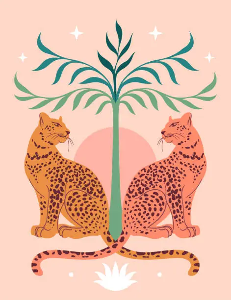 Vector illustration of Cute Leopards, Sun, palm tree. Modern abstract art. Boho style. Mid Century print. Cosmic minimalistic scene. Protect wild animals poster. Magic concept. Vintage inspired art