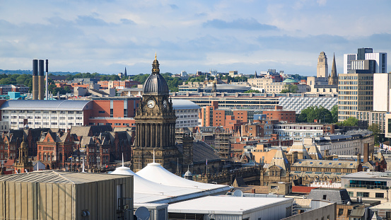 Leeds city centre skyline showing Leeds Town Hall, Leeds General Infirmary and Leeds University