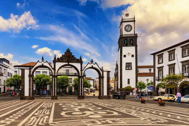 Portas da Cidade, the city symbol of Ponta Delgada in Sao Miguel Island in Azores, Portugal. Portas da Cidade (Gates to the City), Ponta Delgada, Sao Miguel.