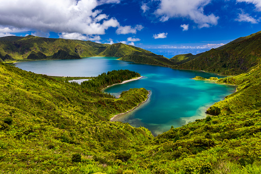 Beautiful panoramic view of Lagoa do Fogo lake in Sao Miguel Island, Azores, Portugal. \