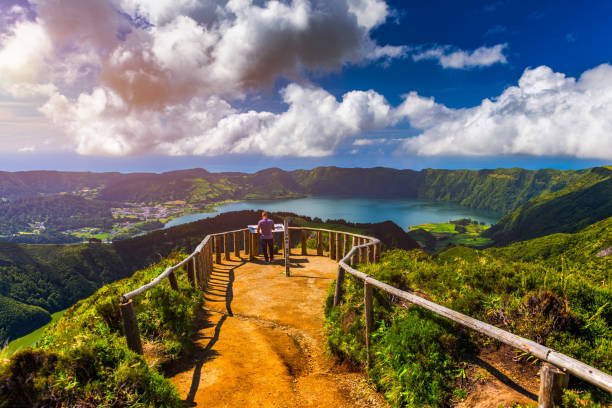 Beautiful view of Santiago Lake "Lagoa de Santiago " from Hell Mouth viewpoint "Miradouro Boca do Inferno" in SÃ£o Miguel Island, Azores, Portugal. Lakes of Santiago and Sete Cidades, Azores, Portugal Beautiful view of Santiago Lake "Lagoa de Santiago " from Hell Mouth viewpoint "Miradouro Boca do Inferno" in SÃ£o Miguel Island, Azores, Portugal. Lakes of Santiago and Sete Cidades, Azores, Portugal acores stock pictures, royalty-free photos & images