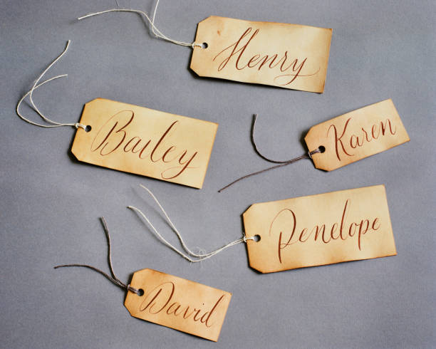 istock Handwritten calligraphy gift name tags on slate gray paper background 1271765407