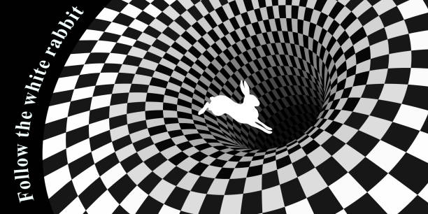 White rabbit runs and falls into a hole White rabbit runs and falls into a hole. Surreal chess background rabbit stock illustrations
