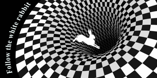 White rabbit runs and falls into a hole White rabbit runs and falls into a hole. Surreal chess background alice in wonderland stock illustrations