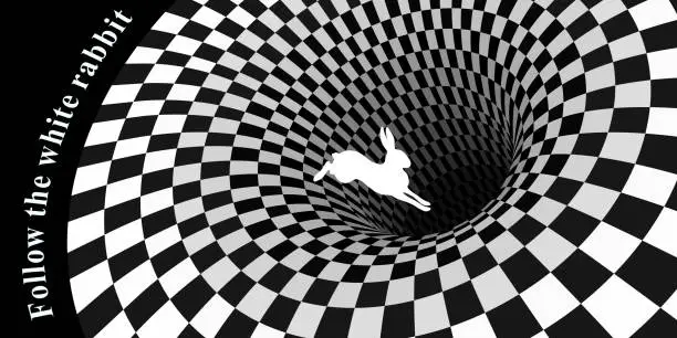 Vector illustration of White rabbit runs and falls into a hole