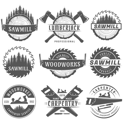 Set of monochrome vector logos, emblems end labels for carpentry, woodworkers, lumberjack, sawmill service.Isolated on white background.