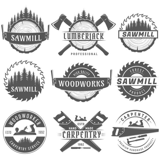 Set of monochrome vector logos on the topic of woodworking. Set of monochrome vector logos, emblems end labels for carpentry, woodworkers, lumberjack, sawmill service.Isolated on white background. hand saw stock illustrations