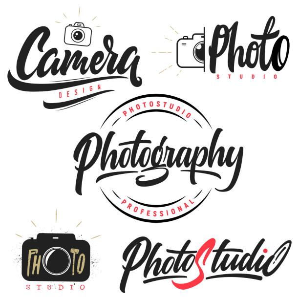 Set of lettering and calligraphy for photothemes. Photo studio, camera, photography!Labels,badges and design elements! typescript photos stock illustrations