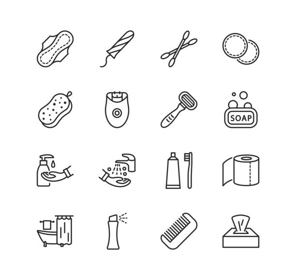ilustrações de stock, clip art, desenhos animados e ícones de personal hygiene products flat line icon set. editable strokes - self lov