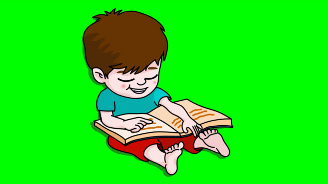 Reading cycle animation. Child is sitting learning to read. Little kid with brown hair, shorts, lying on the floor. Cartoon character. Barefoot boy holding a big book in his arms. 2D Loop green screen