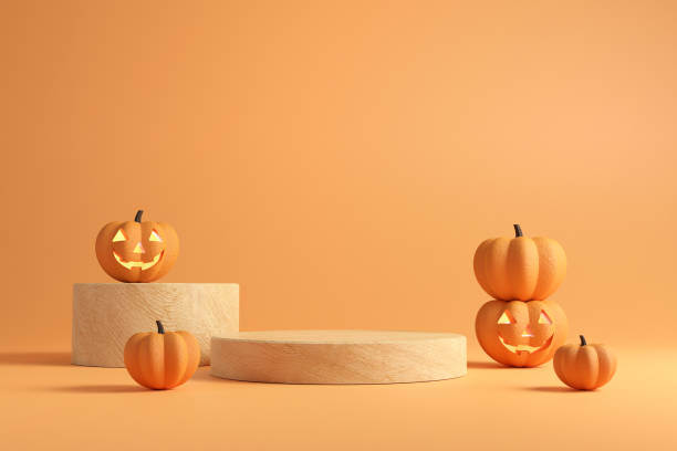 Podium and minimal abstract background for Halloween, 3d rendering geometric shape. Podium and minimal abstract background for Halloween, 3d rendering geometric shape, Stage for product halloween pumpkin decorations stock pictures, royalty-free photos & images