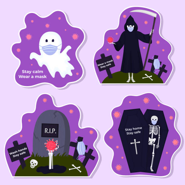 illustrazioni stock, clip art, cartoni animati e icone di tendenza di set di divertenti adesivi di halloween durante il coronavirus. scheletro, morte con falce, fantasma indossare maschere protettive. personaggi e oggetti tradizionali per inviti, carte, poster per una celebrazione sicura. - bare tree