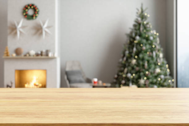 wood empty surface and living room with christmas tree - christmas table imagens e fotografias de stock