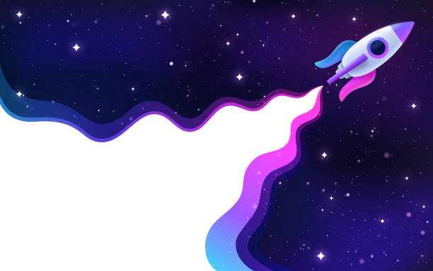 Spaceship Rocket Blasting Off into Space Rocket spaceship blasting off into outer space stars nebula constellation abstract vapor background. outer space stock illustrations