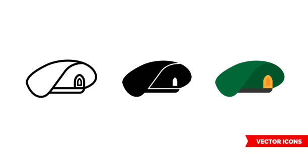 3 가지 유형의 군사 베레��모 아이콘, 흑백, 윤곽선. 격리된 벡터 기호 기호 - beret stock illustrations