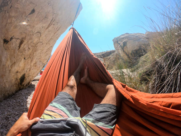 istock Person lying in hammock on the beach (personal perspective) 1271783568