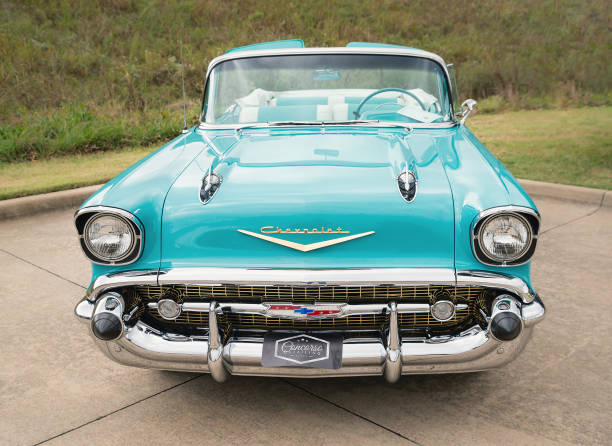 1957 Chevrolet Bel Air Convertible Classic Car Westlake, United States - October 21, 2017: Front view of an aqua color 1957 Chevrolet Bel Air convertible classic car. bel air photos stock pictures, royalty-free photos & images