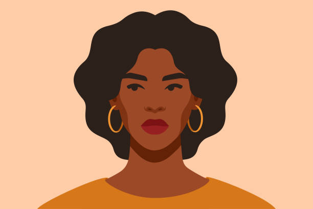 Serious Black girl is looking away in protest. African female with arrogant facial expression. Serious Black girl is looking away in protest. Self-confident young woman with brown skin and curly hair portrait front view. African female with arrogant facial expression. Vector front view illustrations stock illustrations