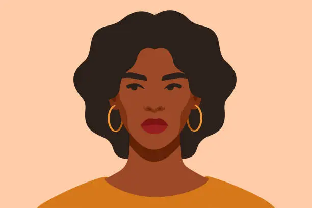 Vector illustration of Serious Black girl is looking away in protest. African female with arrogant facial expression.