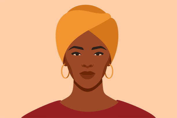 Black girl is wearing a yellow turban. African female with a scarf on her head. Black girl is wearing a yellow turban. Self-confident young woman with brown skin in traditional headdress portrait front view. Vector illustration. African female with a scarf on her head. turban stock illustrations