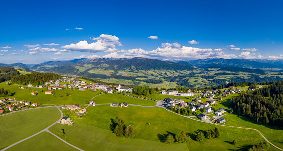 Aerial view of the small village Sulzberg in Vorarlberg, the most western state of Austria.