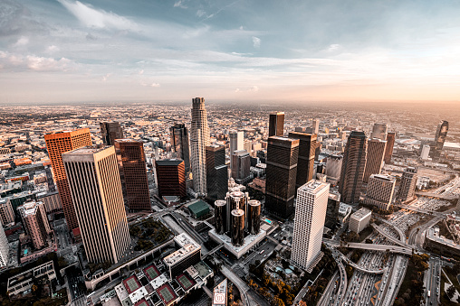 Beautiful view at Downtown Los Angeles during the helicopter flight at sunset.