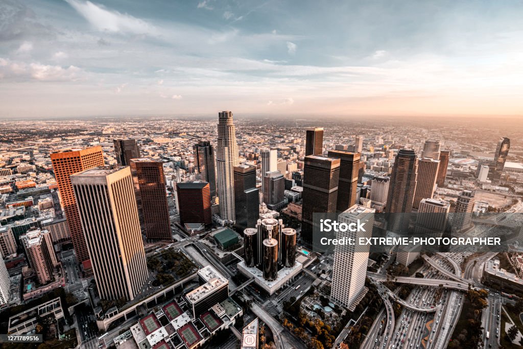 Los Angeles Skyline Beautiful view at Downtown Los Angeles during the helicopter flight at sunset. City Of Los Angeles Stock Photo