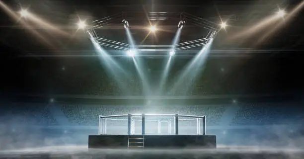 Photo of MMA cage night. Fighting Championship. Fight night. View of the arena by spotlights. Full tribune. 3D rendering