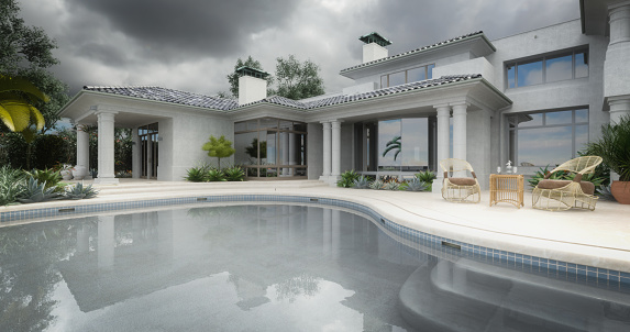Digitally generated exclusive luxurious residential house/villa with swimming pool in a exotic/south american environment/location, on a cloudy day.

The scene was rendered with photorealistic shaders and lighting in Autodesk® 3ds Max 2020 with V-Ray 5 with some post-production added.