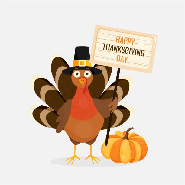 векторная иллюстрация тыквы, счастливой индейки благодарения в шляпе piligrim и держа знамя - thanksgiving stock illustrations