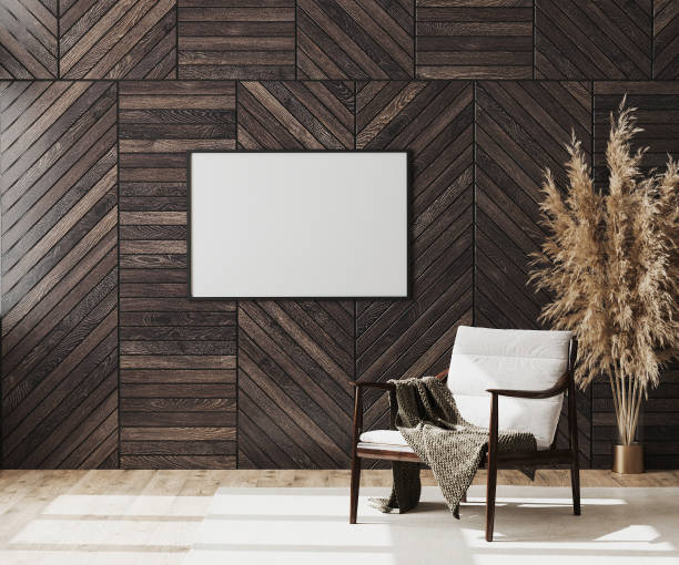 istock Blank picture frame mock up in empty modern room interior background with wooden decorative panel on the wall and wooden chair with blanket, living room interior background, 3d rendering 1271794138