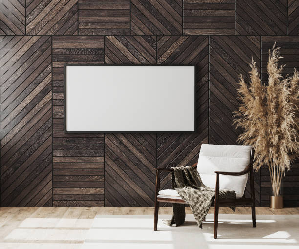 istock Blank picture frame mock up in empty modern room interior background with wooden decorative panel on the wall and wooden chair with blanket, living room interior background, 3d rendering 1271794147