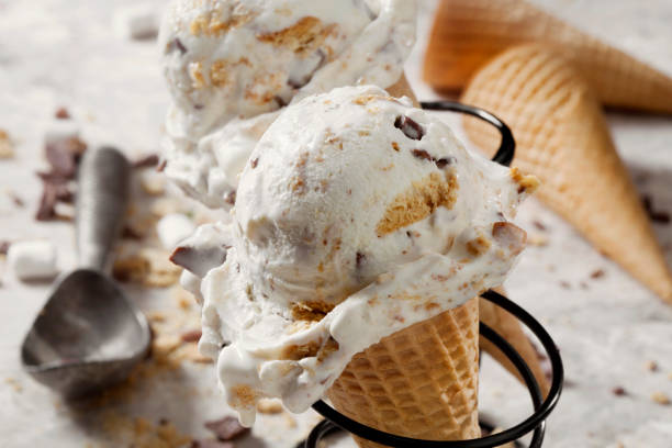 Home Made Smores Ice Cream Cones Home Made Smores Ice Cream Cones with Graham Crackers, Marshmallows and Chocolate Chunks homemade icecream stock pictures, royalty-free photos & images