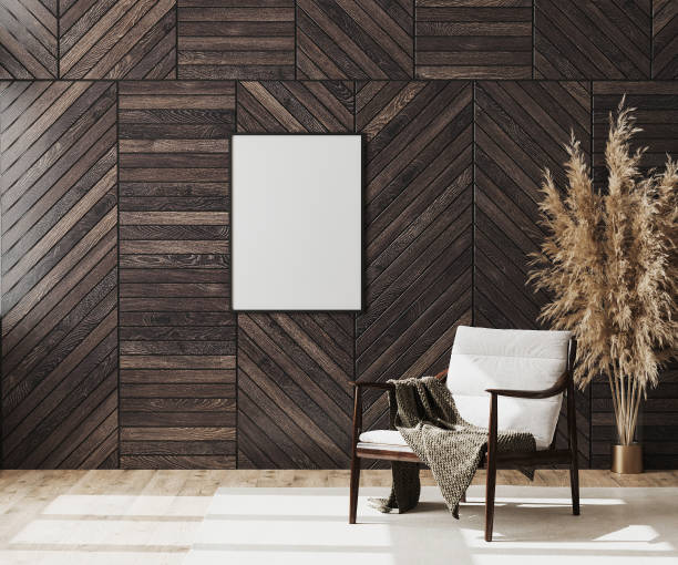 istock Blank poster frame mock up in empty modern room interior background with wooden decorative panel on the wall and wooden chair with blanket, living room interior background, 3d rendering 1271794930