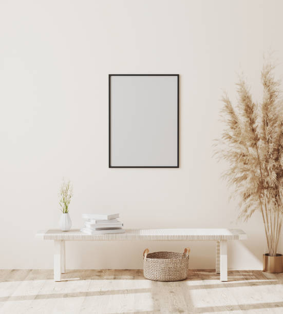 istock Blank poster frame mockup on white wall in modern interior background in scandinavian style with decoration, 3d rendering 1271794944