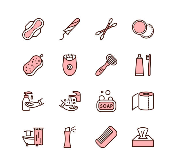 ilustrações de stock, clip art, desenhos animados e ícones de personal hygiene products flat line icon set. pink color. hygiene for girls. editable strokes - self lov
