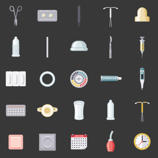 Contraceptives Icon Set A set of contraception icons. File is built in the CMYK color space for optimal printing. Color swatches are global so it’s easy to edit and change the colors. diaphragm contraceptive stock illustrations