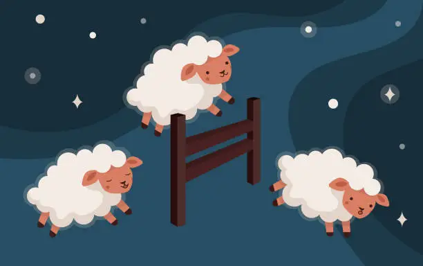 Vector illustration of Counting of sheeps jump over the fence