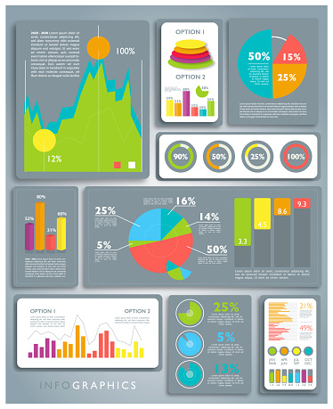 Illustration of a colorful business infographic displaying statistics â project management concepts